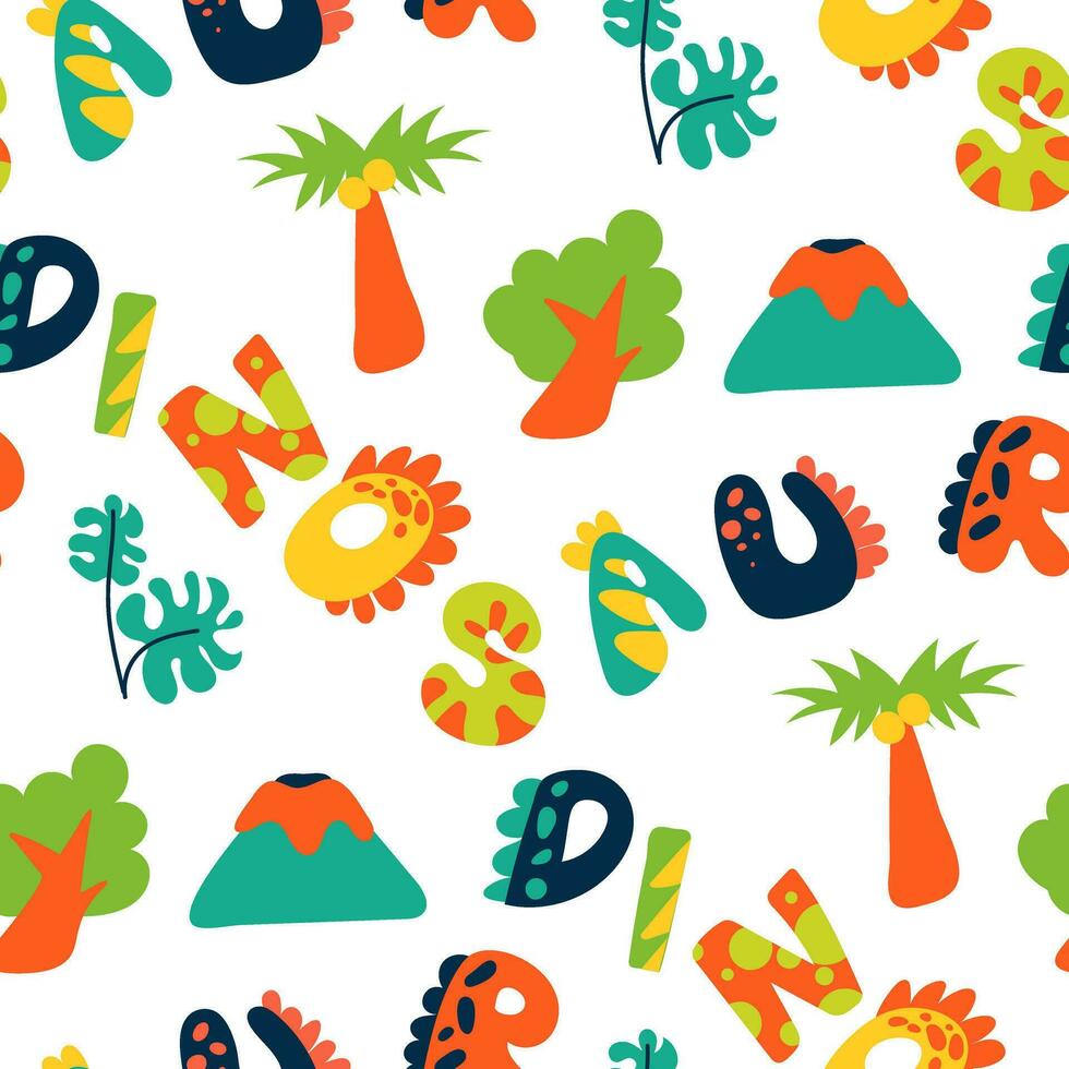 tropicale modello con cartone animato elementi e il iscrizione dinosauri. figli di luminosa foglie, alberi, palma alberi, vulcani e lettering nel luminosa colore. senza soluzione di continuità bambino struttura per stampa vettore