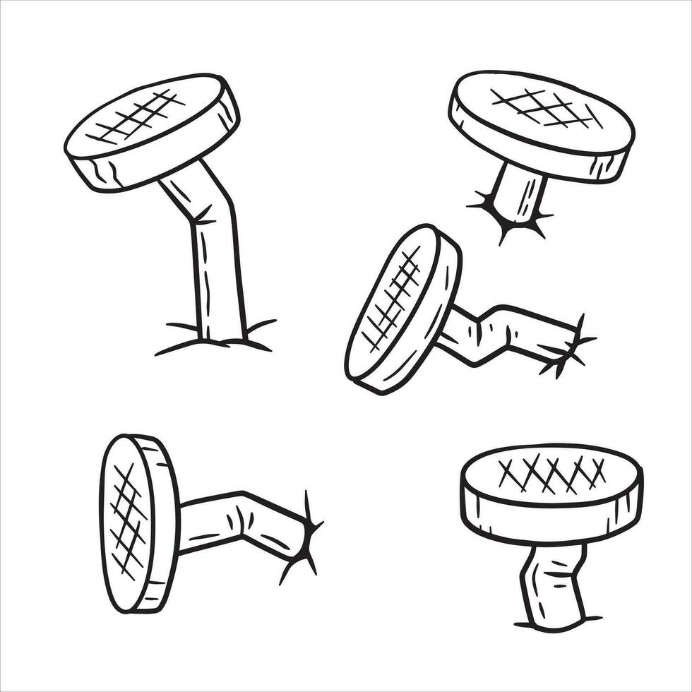 cartone animato piegato chiodo. impostato di isolato acciaio costruzione metallo carpenteria chiodo isolato su bianca sfondo. schizzo illustrazione vettore