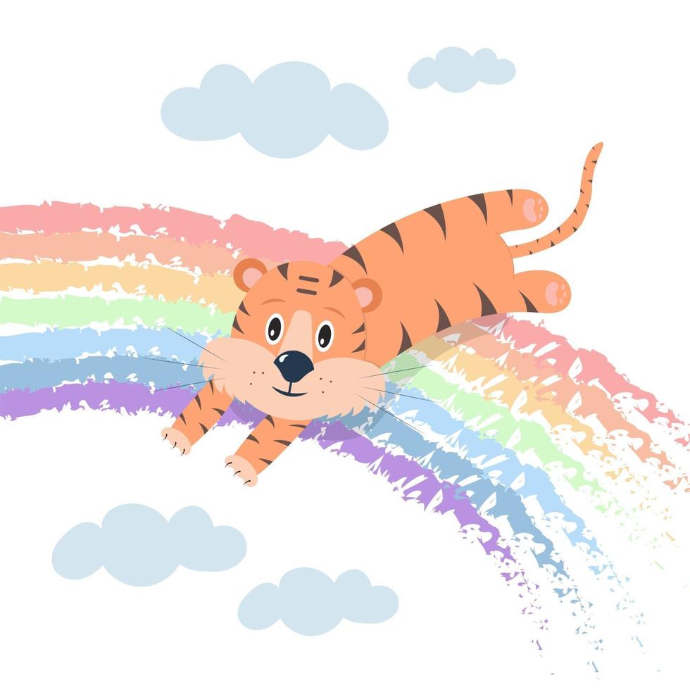 la tigre carina sta saltando su un arcobaleno tra le nuvole. illustrazione di concetto di vettore di vivaio.