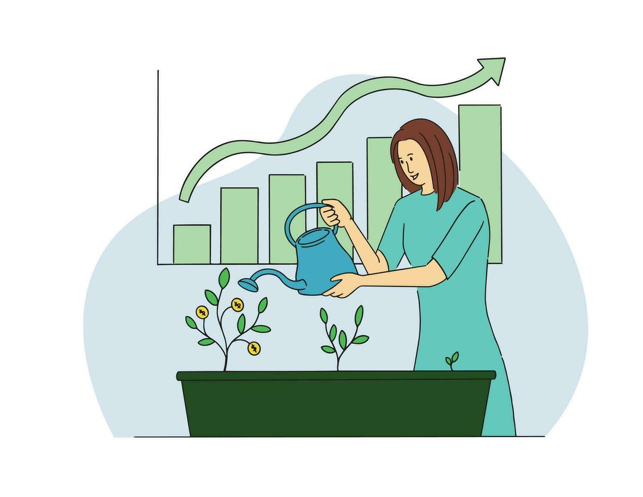 vettore illustrazione di donne irrigazione fioritura i soldi impianti
