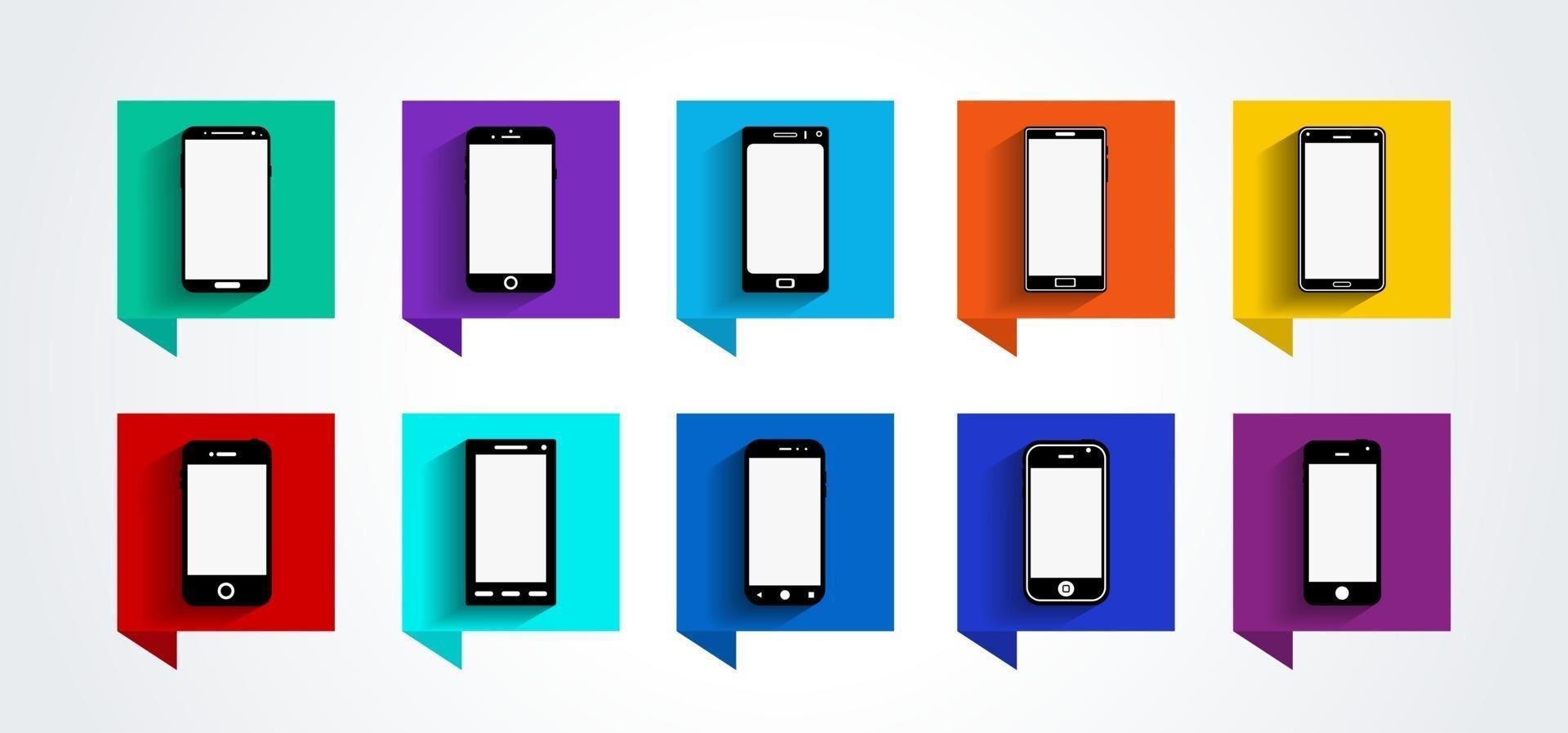 set di icone per dispositivi mobili, design piatto, illustrazione vettoriale in 10 opzioni di colori per il design dell'interfaccia utente e il sito web