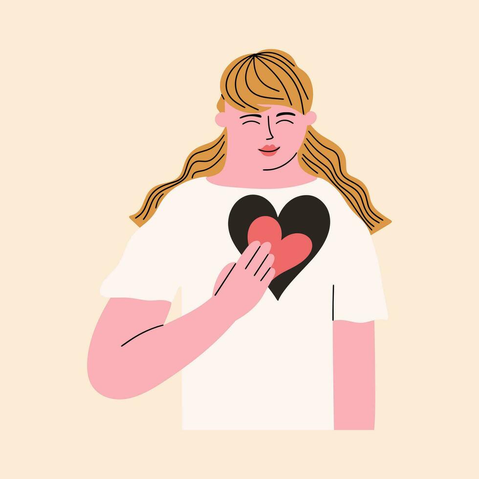 il concetto di amore per se stessi, sincerità, gentilezza, sincerità. il donna mette sua cuore dentro se stessa. vettore mano disegnato illustrazione