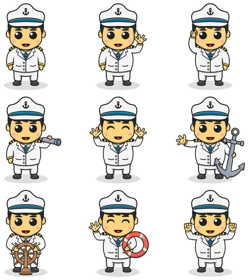 vettore illustrazione di carino poco ragazzo personaggio captian Marina Militare, marinai costume. grande impostato di carino cartone animato bambini nel professioni. cartone animato piatto stile