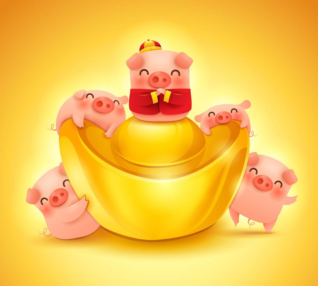 Five little pigs with chinese gold ingot vettore