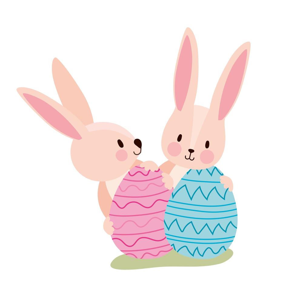 due conigli rosa con uova di pasqua vettore