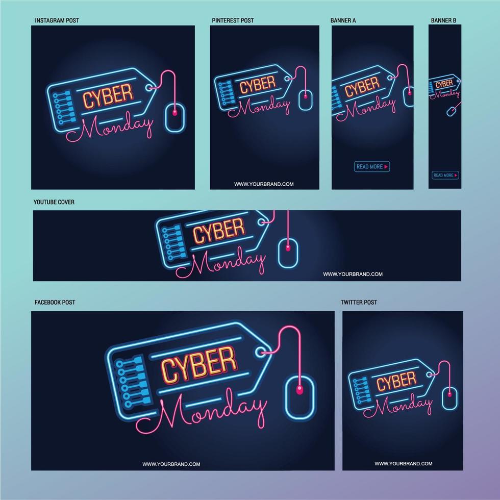 Cyber Monday social media post template with fluorescent lamps or neon style vettore