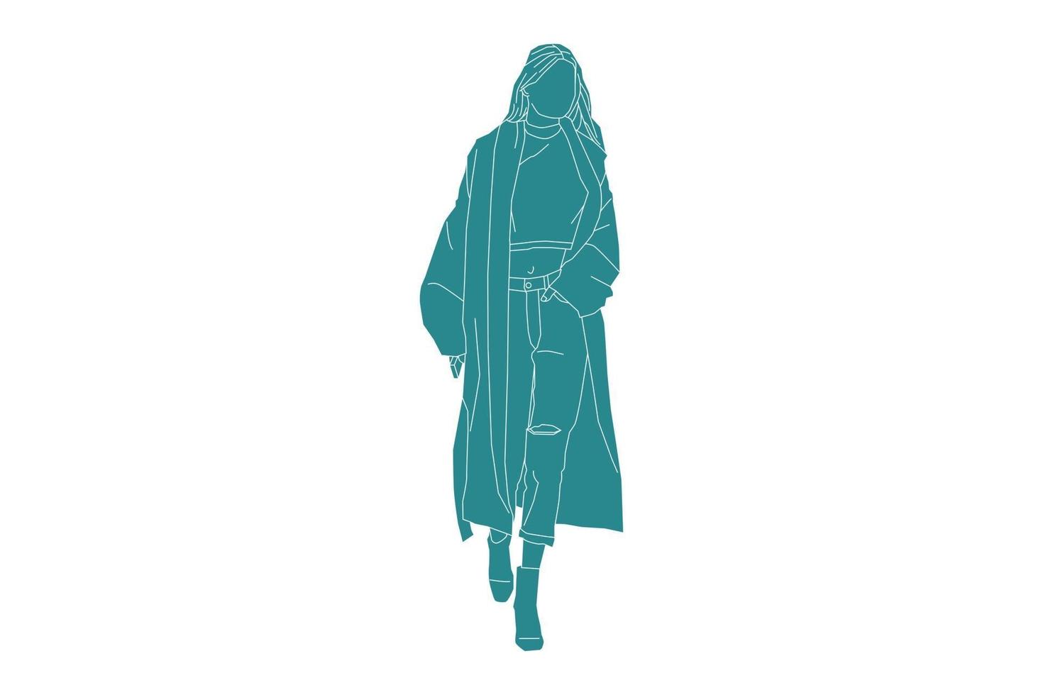 illustrazione vettoriale di donna alla moda che cammina sulla strada laterale, stile piatto con contorno