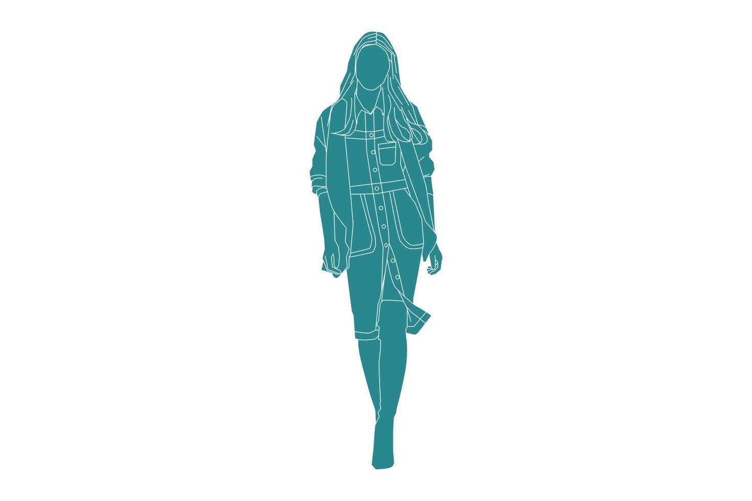 illustrazione vettoriale di donna alla moda che cammina sulla strada laterale, stile piatto con contorno