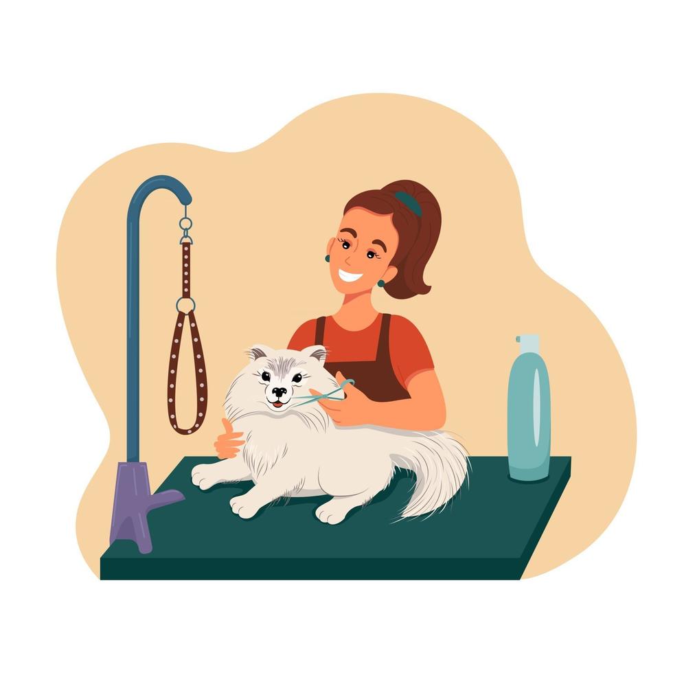 toelettatura per animali domestici, ragazza che taglia un cane, illustrazione vettoriale in stile piatto, cartone animato