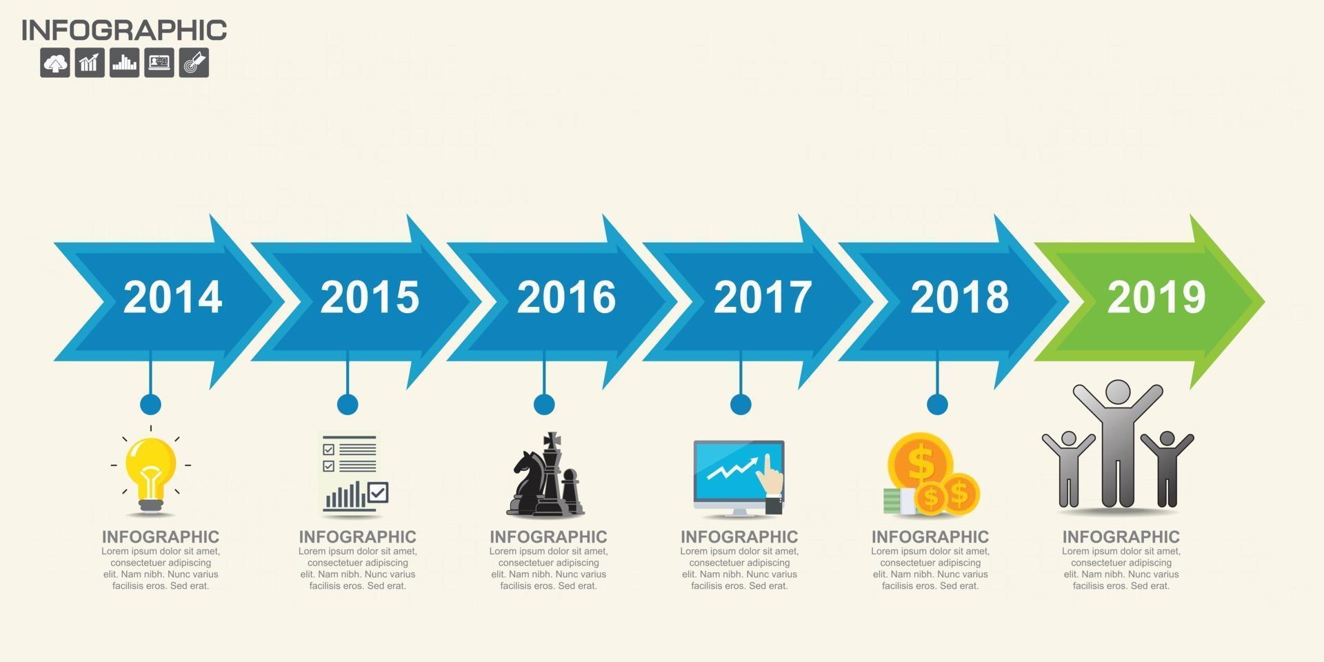 timeline infografica road map con icone di affari progettate per l'elemento pietra miliare del modello, illustrazione vettoriale del diagramma di processo moderno.