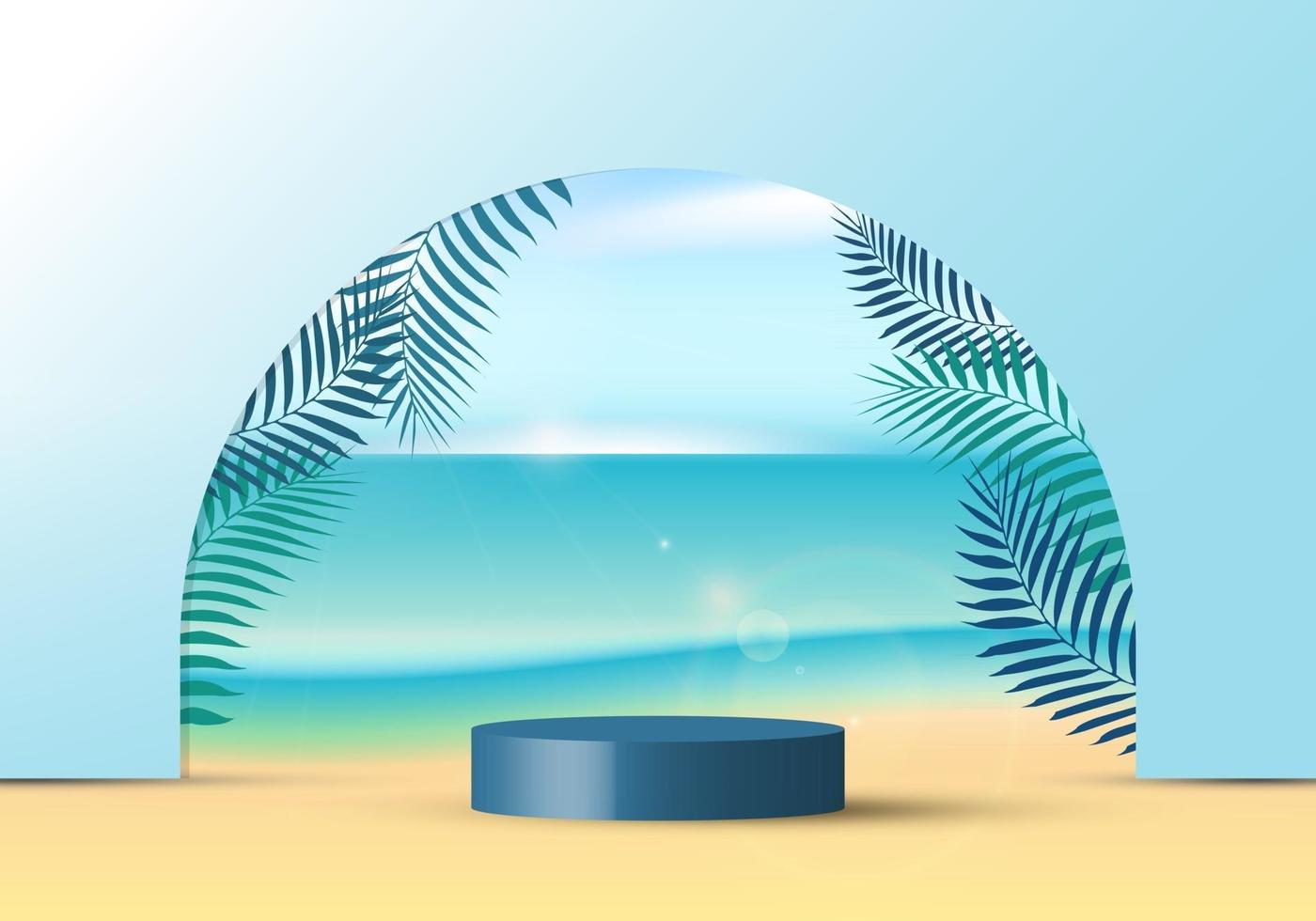 3d realistico colore blu piattaforma geometrica forma rotonda illuminazione mockup scena natura vacanze estive sfondo tropicale vettore