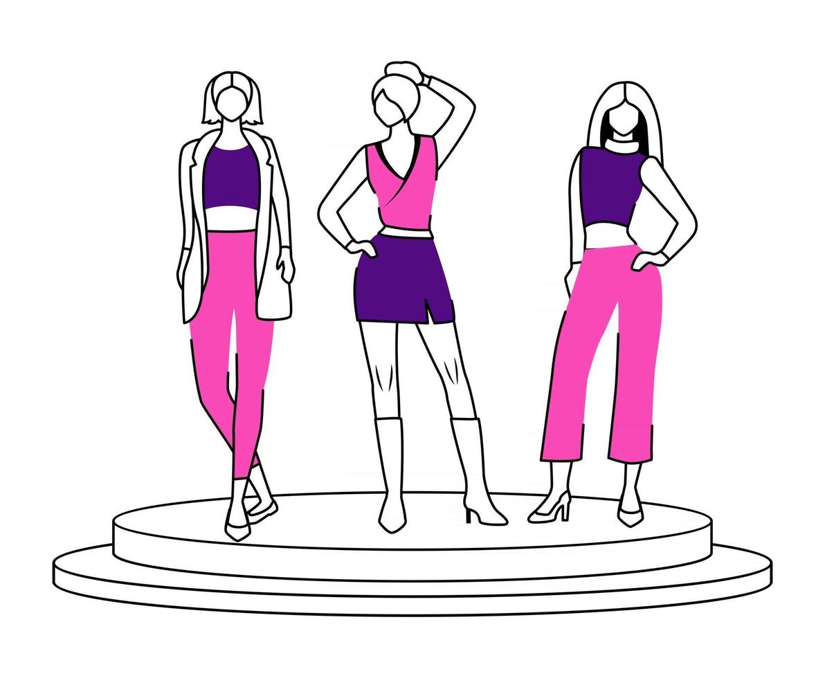 illustrazione vettoriale di contorno piatto delle ragazze della pista di moda. modelli dimostrano nuove tendenze, vestiti e accessori. nuova collezione isolato personaggio dei cartoni animati su sfondo bianco. disegno semplice