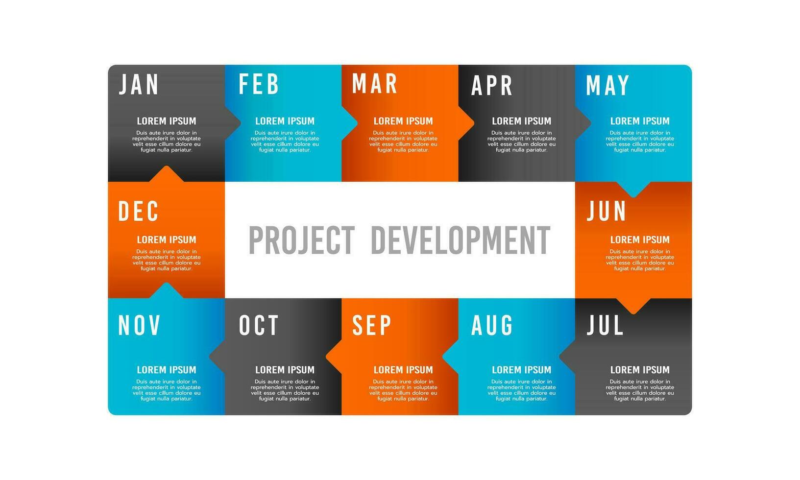 Infografica 12 mesi processi per progetto sviluppo. attività commerciale presentazione. vettore illustrazione.