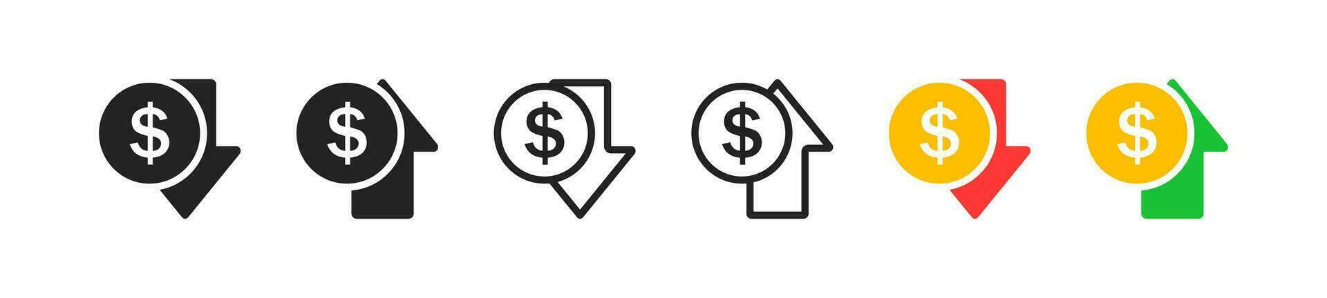 i soldi aumentare icona impostare. piatto design. finanziario beneficiare concetto. perdente i soldi. simbolo di costo in aumento. vettore