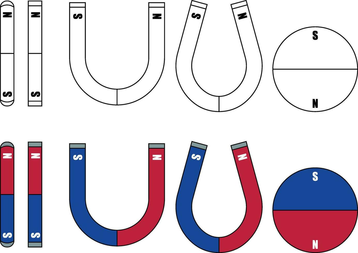 impostato di magneti nel diverso forme vettore illustrazione, blu e rosso bar e ferro di cavallo magnete colorato e nero e bianca linea opera d'arte azione Immagine