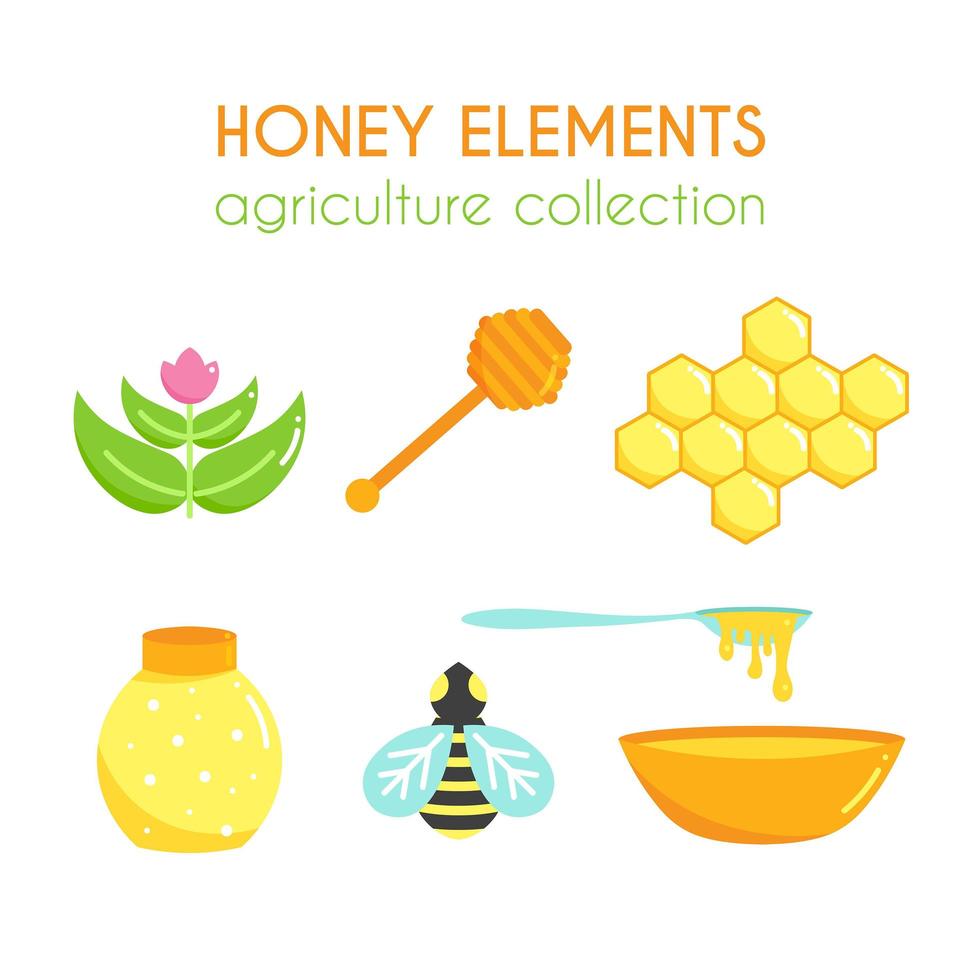 Vector honey illustration set. Flat argiculture collection.