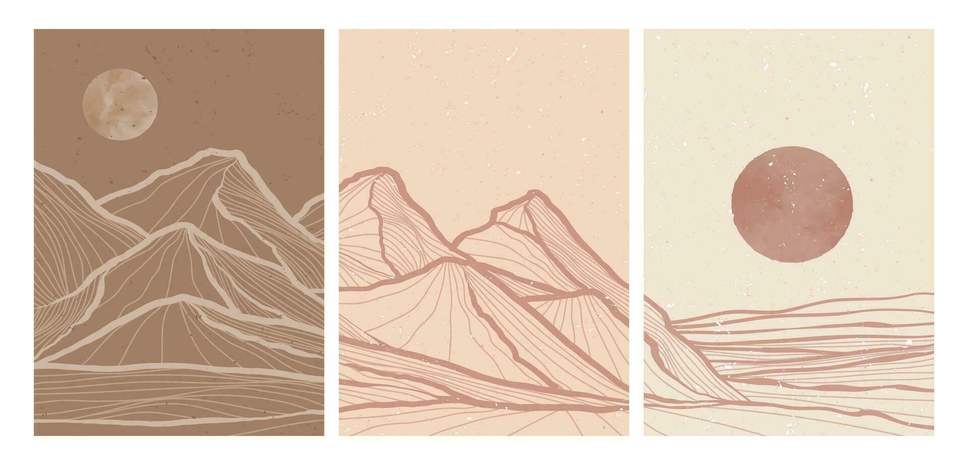 montagna linea arte modello illustrazioni. astratto montagna contemporaneo estetico sfondi paesaggi. con montagna, orizzonte e chiaro di luna vettore