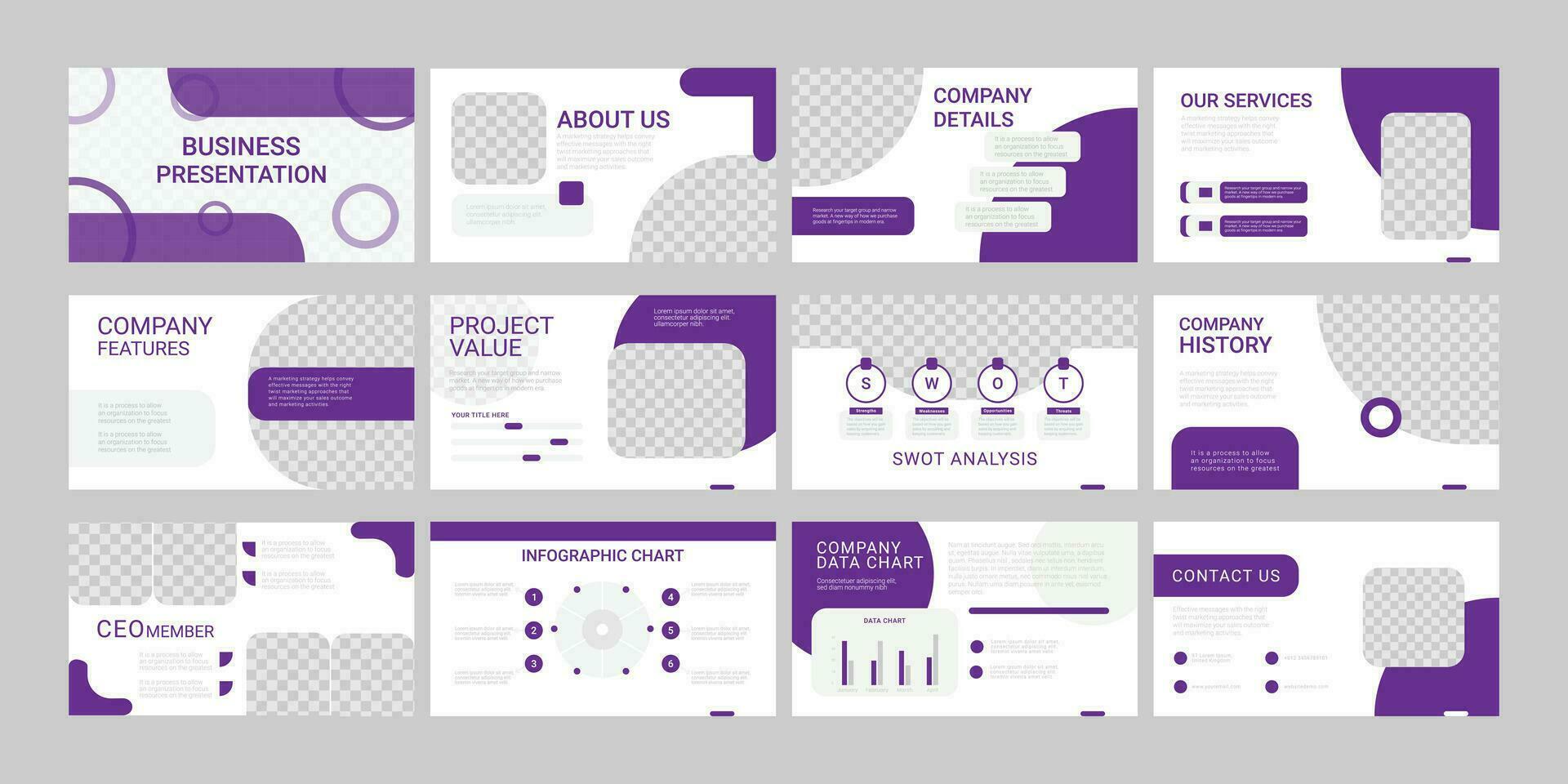 presentazione modello, viola e grigio Infografica elementi su bianca sfondo. vettore diapositiva modello per attività commerciale progetto presentazioni e marketing.