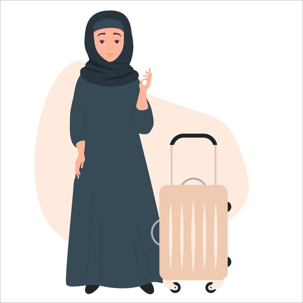 bella donna musulmana in hijab viaggia con una valigia su ruote vettore