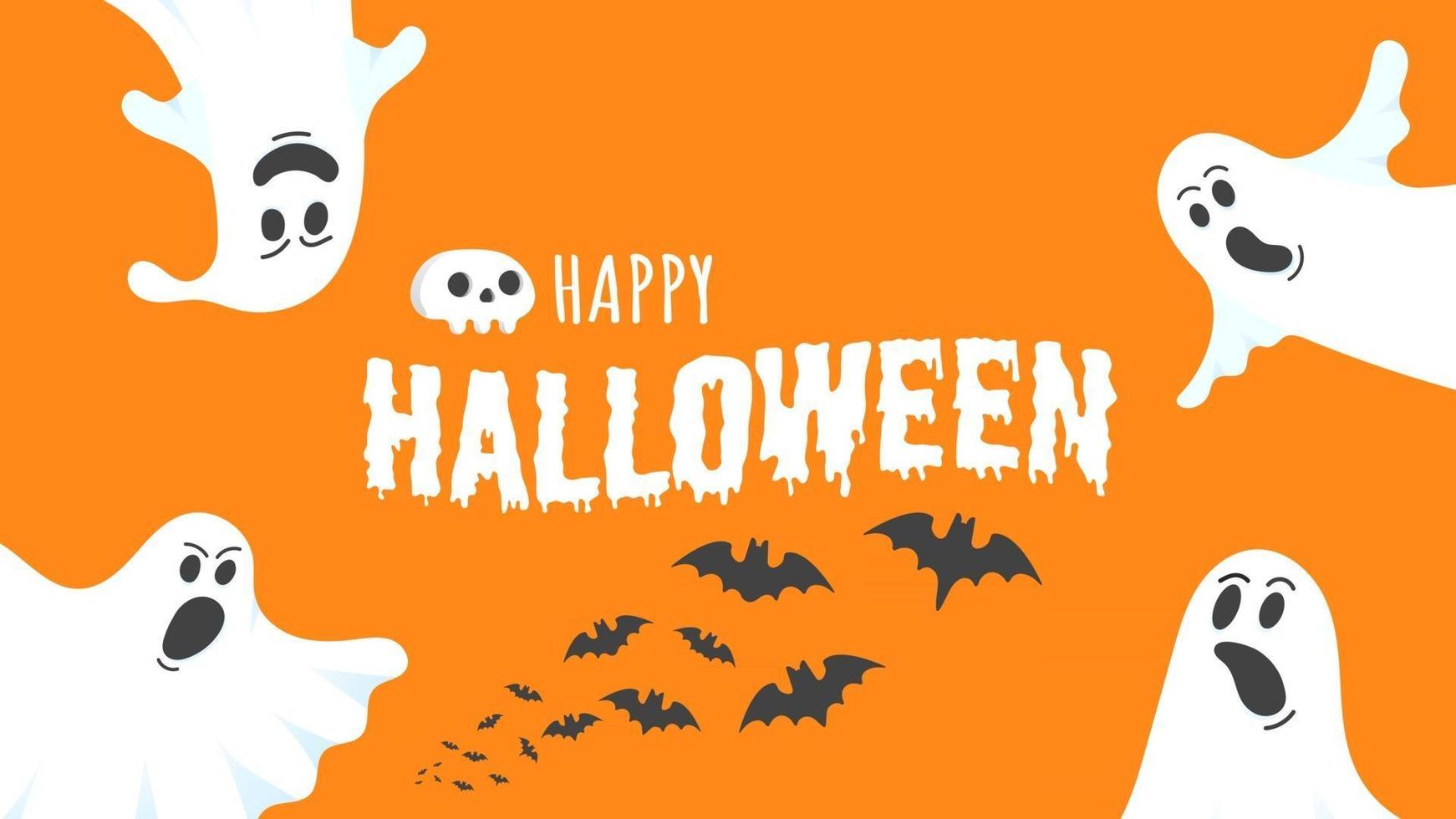 banner di cartolina di testo di felice halloween con faccia spaventosa di fantasmi vettore