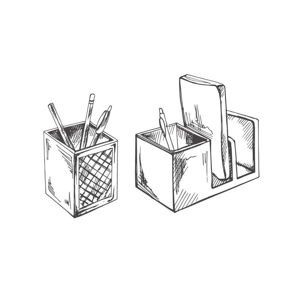 vettore disegnato a mano scuola e ufficio utensili illustrazione impostare. dettagliato retrò stile plastica scatole con Stazionario e disegno utensili schizzo. Vintage ▾ schizzo elemento. indietro per scuola.