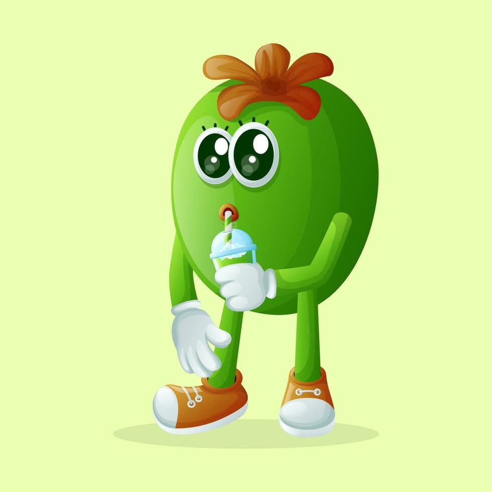 carino feijoa personaggio potabile un' verde frullato con un' cannuccia vettore
