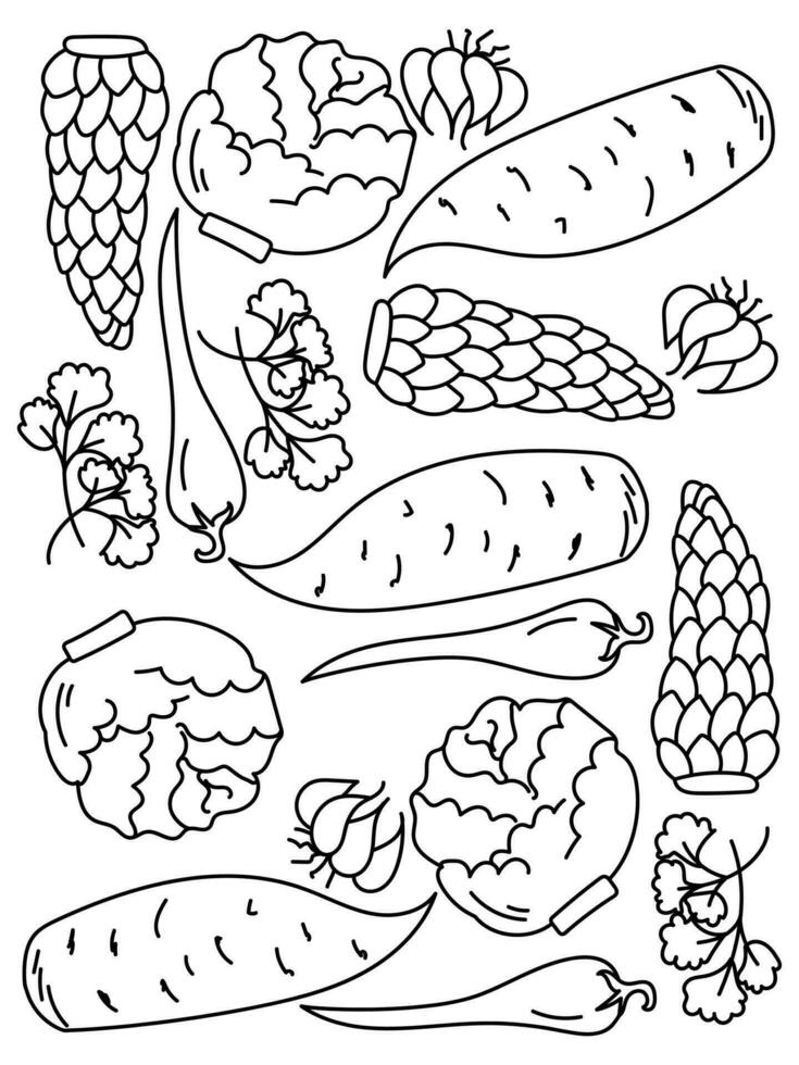 schema scarabocchio impostato di la verdura, colorazione pagina per bambini attività vettore