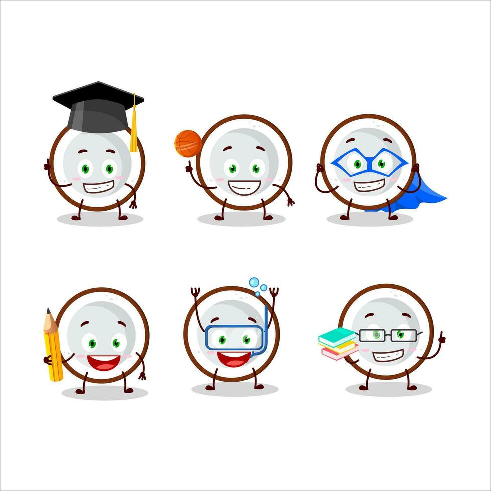 scuola alunno di fetta di Noce di cocco cartone animato personaggio con vario espressioni vettore