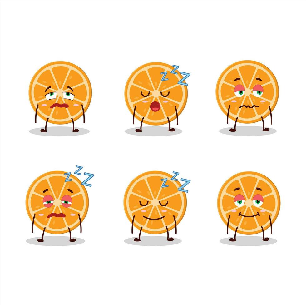 cartone animato personaggio di fetta di arancia con assonnato espressione vettore