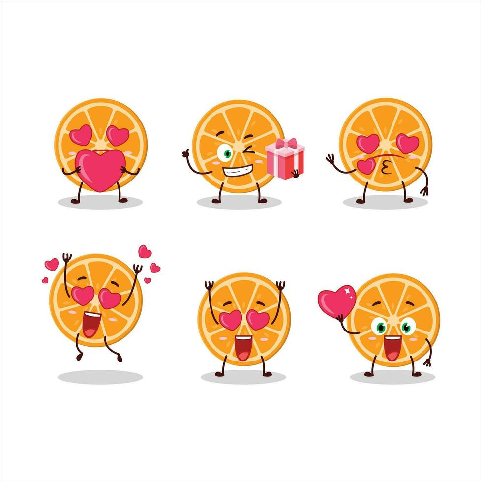 fetta di arancia cartone animato personaggio con amore carino emoticon vettore