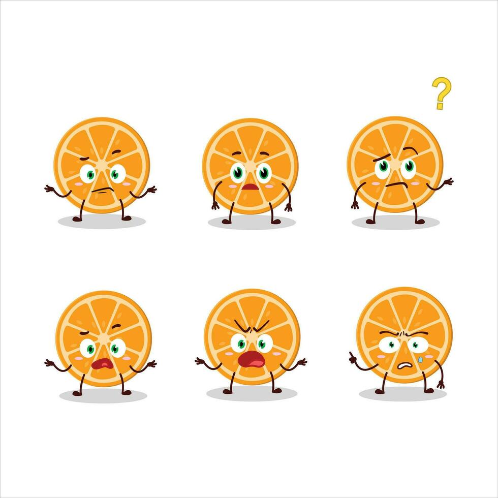 cartone animato personaggio di fetta di arancia con che cosa espressione vettore