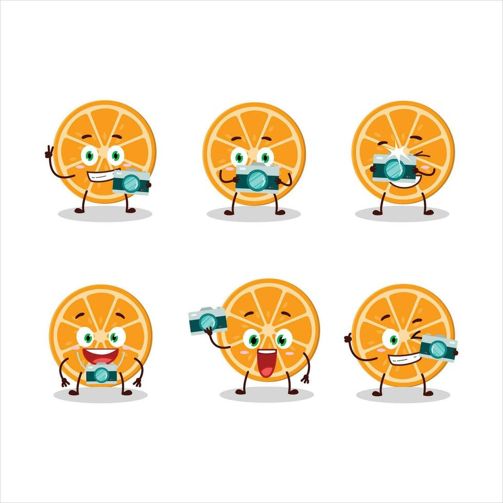 fotografo professione emoticon con fetta di arancia cartone animato personaggio vettore
