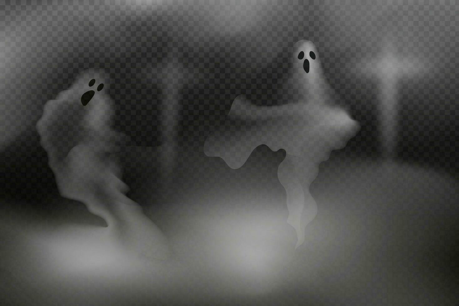 impostato di realistico pauroso volante fantasmi.creepy ghoul e vampiri.spaventoso fantasmi bandiera vettore.3d fumo, nebbia guardare spirito a notte.la principale simboli di Halloween. vettore