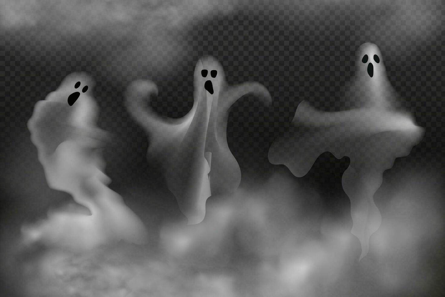 impostato di realistico pauroso volante fantasmi.creepy ghoul e vampiri.spaventoso fantasmi bandiera vettore.3d fumo, nebbia guardare spirito a notte.la principale simboli di Halloween. vettore