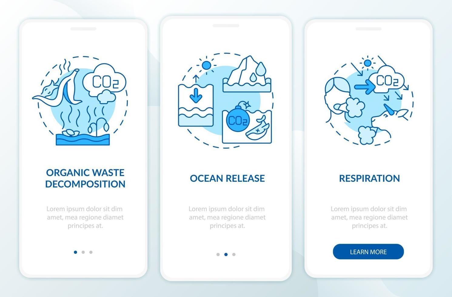 Schermata della pagina dell'app mobile a bordo delle emissioni naturali di co2 con concetti. procedura dettagliata di scomposizione dei rifiuti organici 3 istruzioni grafiche. ui, ux, gui modello vettoriale con illustrazioni a colori lineari