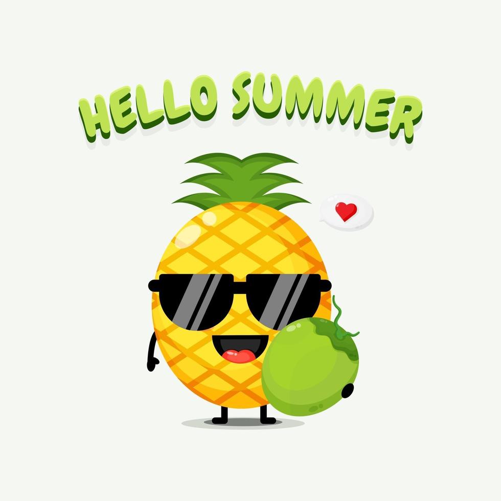 simpatica mascotte ananas che trasporta cocco in estate vettore