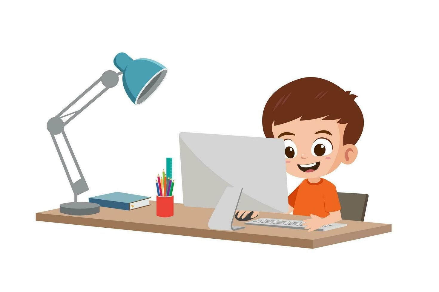 carino poco ragazzo utilizzando computer per navigare Internet vettore illustrazione
