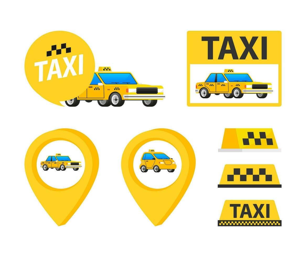 impostato Taxi carta geografica puntatore, auto e auto tetto cartello. Taxi servizio vettore