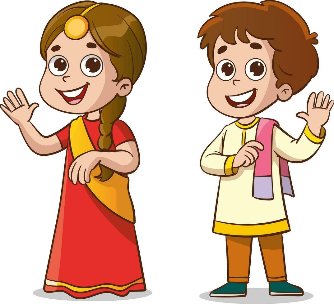 indiano ragazzo e ragazza nel tradizionale Abiti. vettore illustrazione di un' cartone animato carattere.