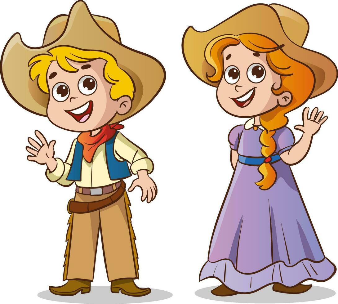 cartone animato illustrazione di carino ragazzo e ragazza nel cowboy costume vettore