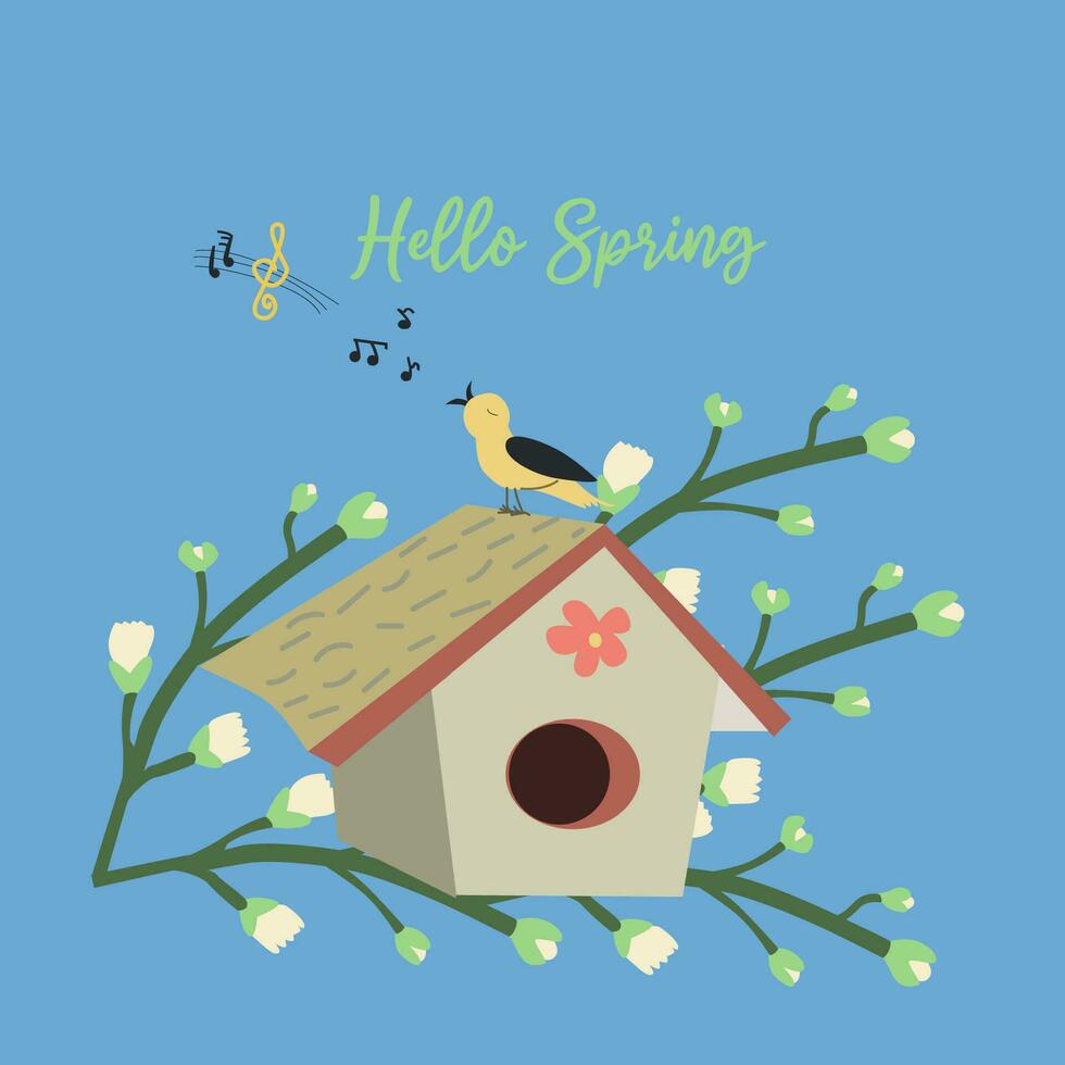 mano disegnato illustrazione di cantare uccello su il tetto di il birdhouse con musicale Appunti e ispirazione Ciao primavera. vettore illustrazione su un' bianca sfondo.