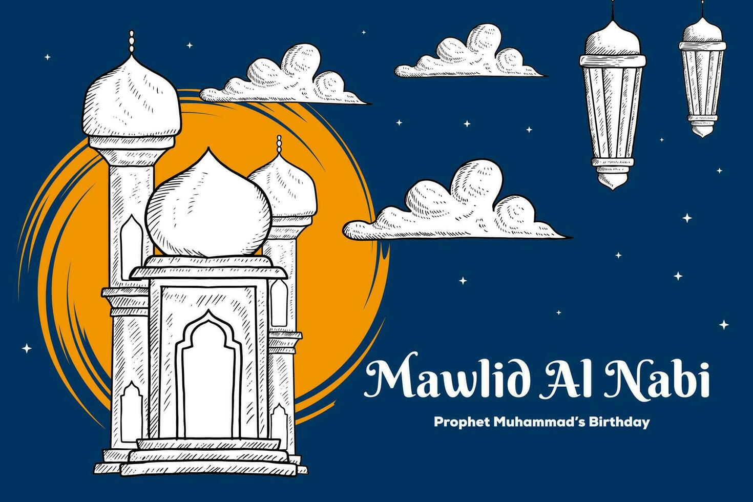 mano disegnato Mawlid al nabi sfondo illustrazione con moschea, nuvole, e lanterne vettore
