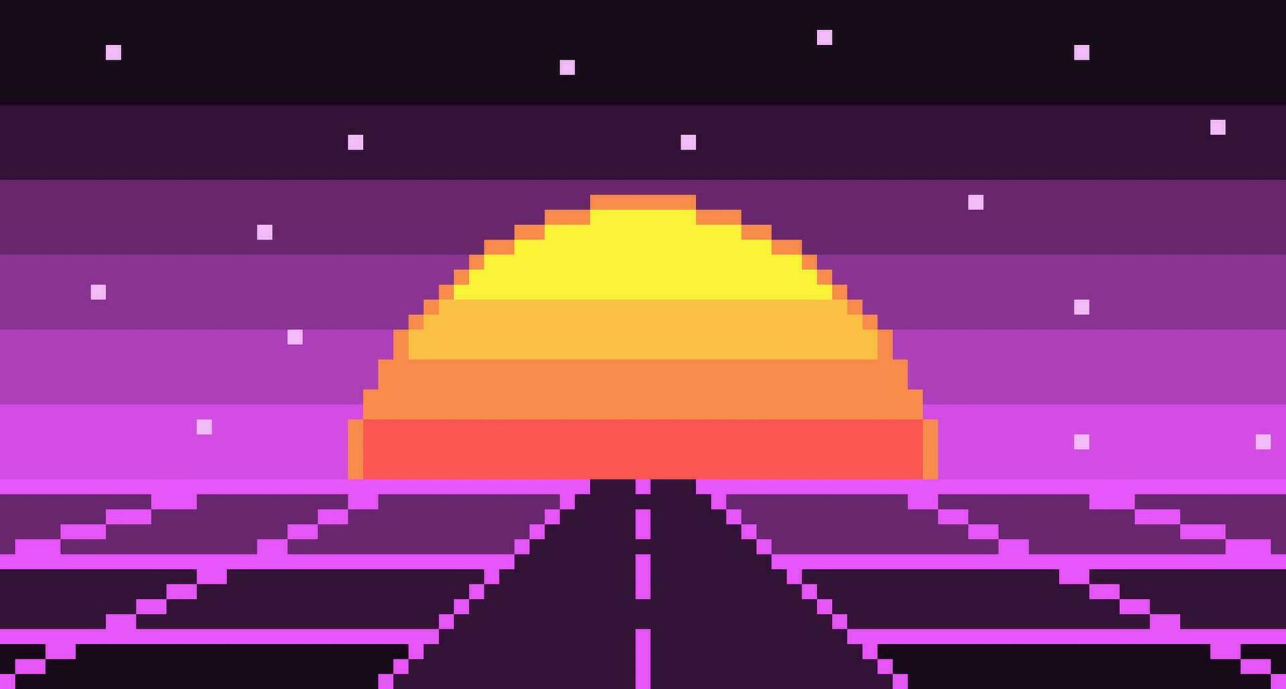 pixel strada synthwave paesaggio con sole e stelle sfondo. neon autostrada 8 bit vuoto viola anni 80 griglia con cyberpunk a strisce luminare. elettronico viola splendore nel anni 90 vettore stile
