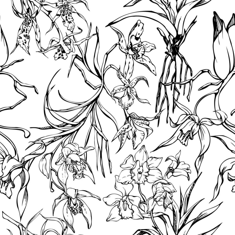 mano disegnato vettore inchiostro orchidea fiori e rami, monocromo, dettagliato schema. senza soluzione di continuità modello con cristallo le forme. isolato su bianca sfondo. per parete arte, nozze, Stampa, tatuaggio, coperchio, carta.