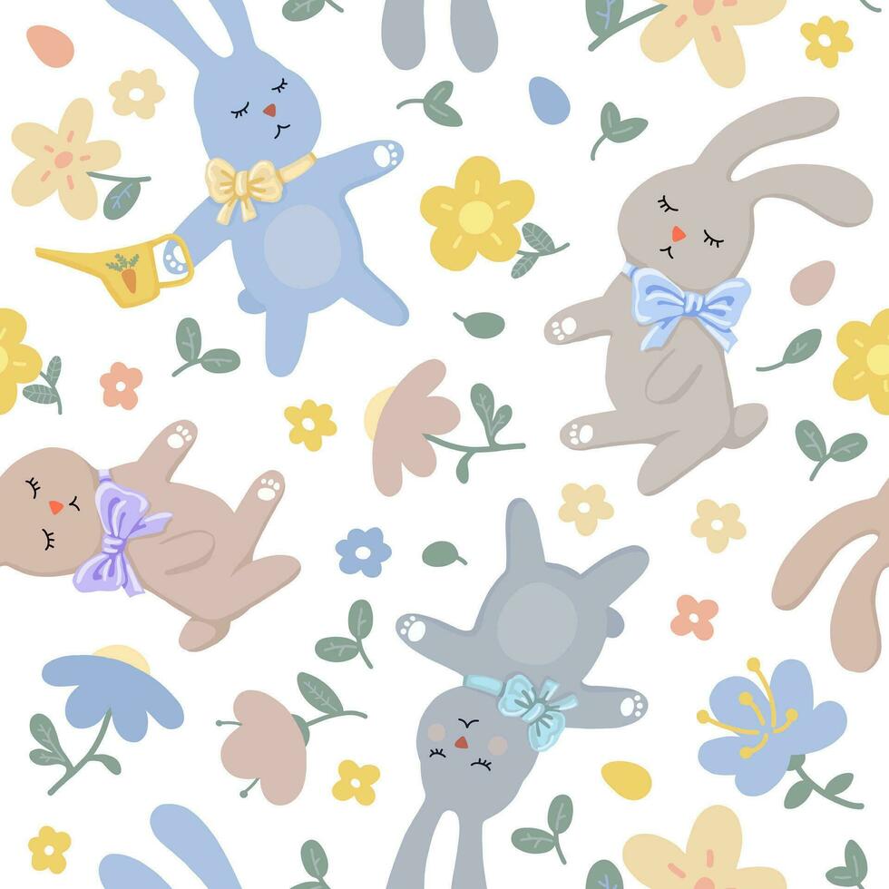 vettore senza soluzione di continuità modello. carino primavera cartone animato giardinieri coniglietti, impianti e fiori. contento Pasqua. piatto illustrazione. per bambino Abiti, tessuti, letto biancheria, sfondo, involucro carta