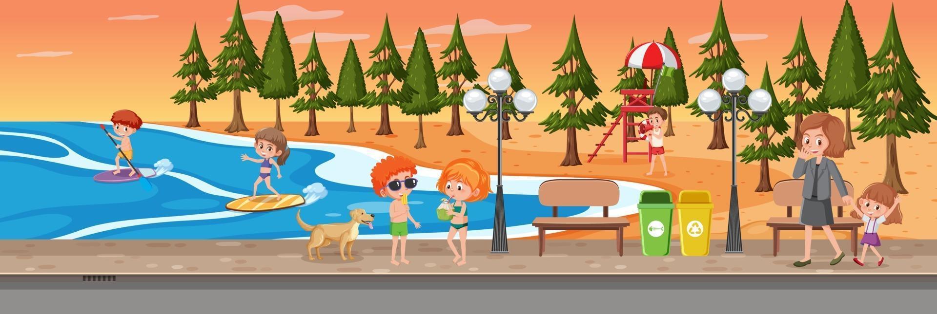 scena orizzontale al tramonto con molti bambini sulla spiaggia vettore