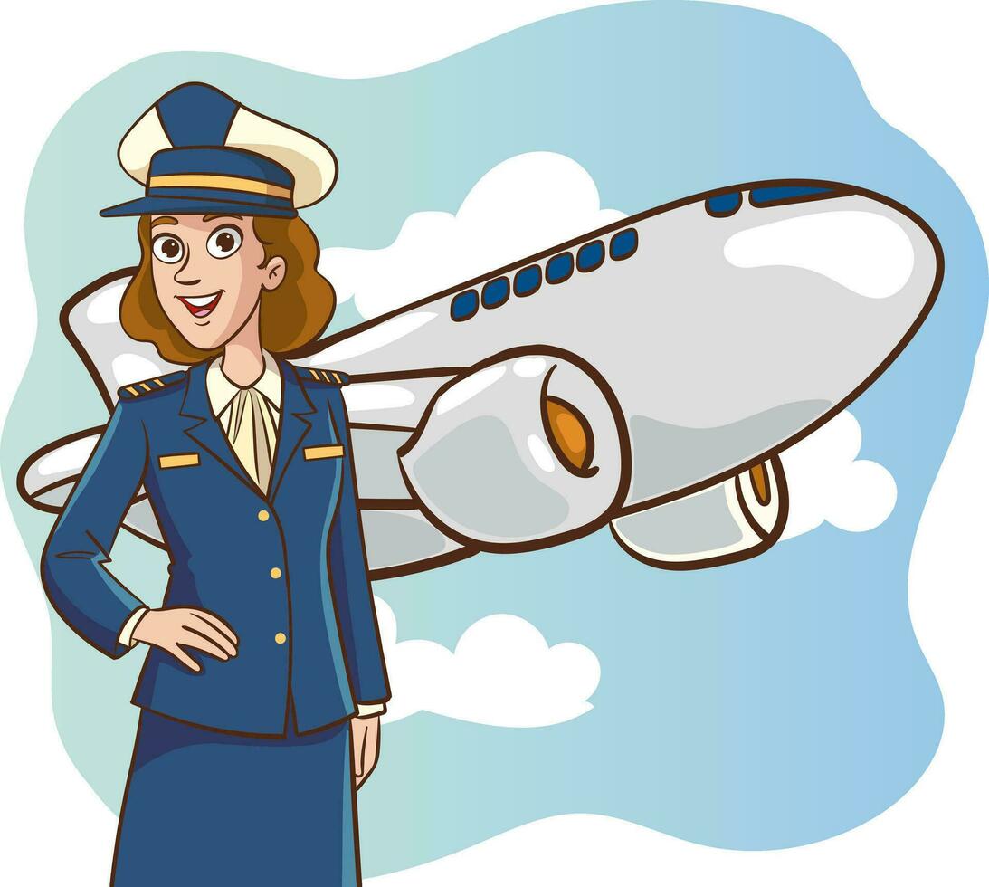 sorridente giovane donna pilota. Capitano di passeggeri aereo. vettore