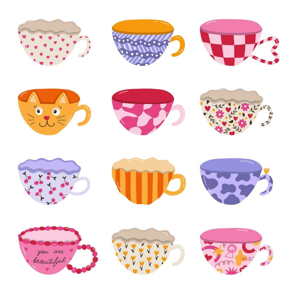 carino mano disegnato impostato di fatto a mano ceramica tazze con colorato modelli. diverso tè tazza e caffè boccale per scandinavo cucina. vettore clipart di mattina stoviglie, cartone animato tazza porcellana vasellame