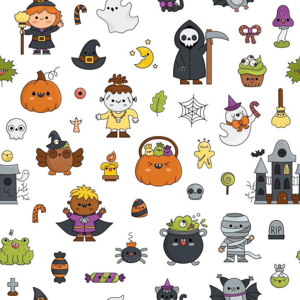 vettore kawaii Halloween senza soluzione di continuità modello per bambini. carino cartone animato samhain festa ripetere sfondo. pauroso collezione con zucca, frequentato Casa, strega, vampiro. autunno vacanza digitale carta