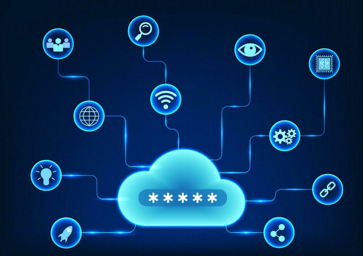 nube tecnologia esso è un' tecnologia per sostegno su dati e condivisione dati per destinatari attraverso il Internet con un' dati sicurezza sistema. vettore illustrazione nube collegato tecnologia icone